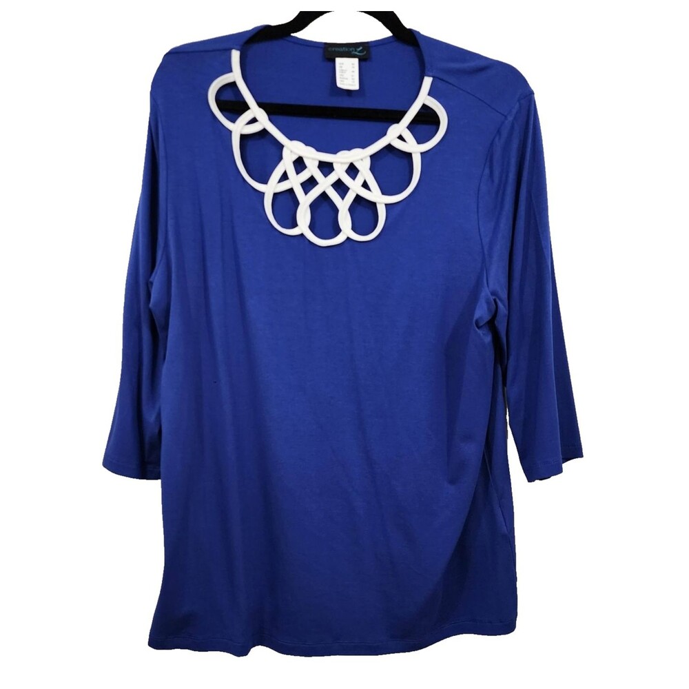 Creation L White Inset Lacework Neck Tunic Top Royal blue 3/4 sleeve Greece Sz12